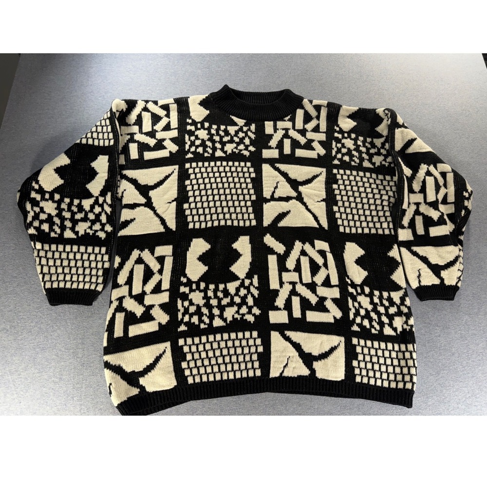Vintage Jamie Scott Geometric Block Knit Sweater Black White Women's Large